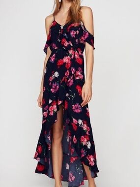 Express Colorful Floral Ruffle High-Low Wrap Dress Cold Shoulder, Size M